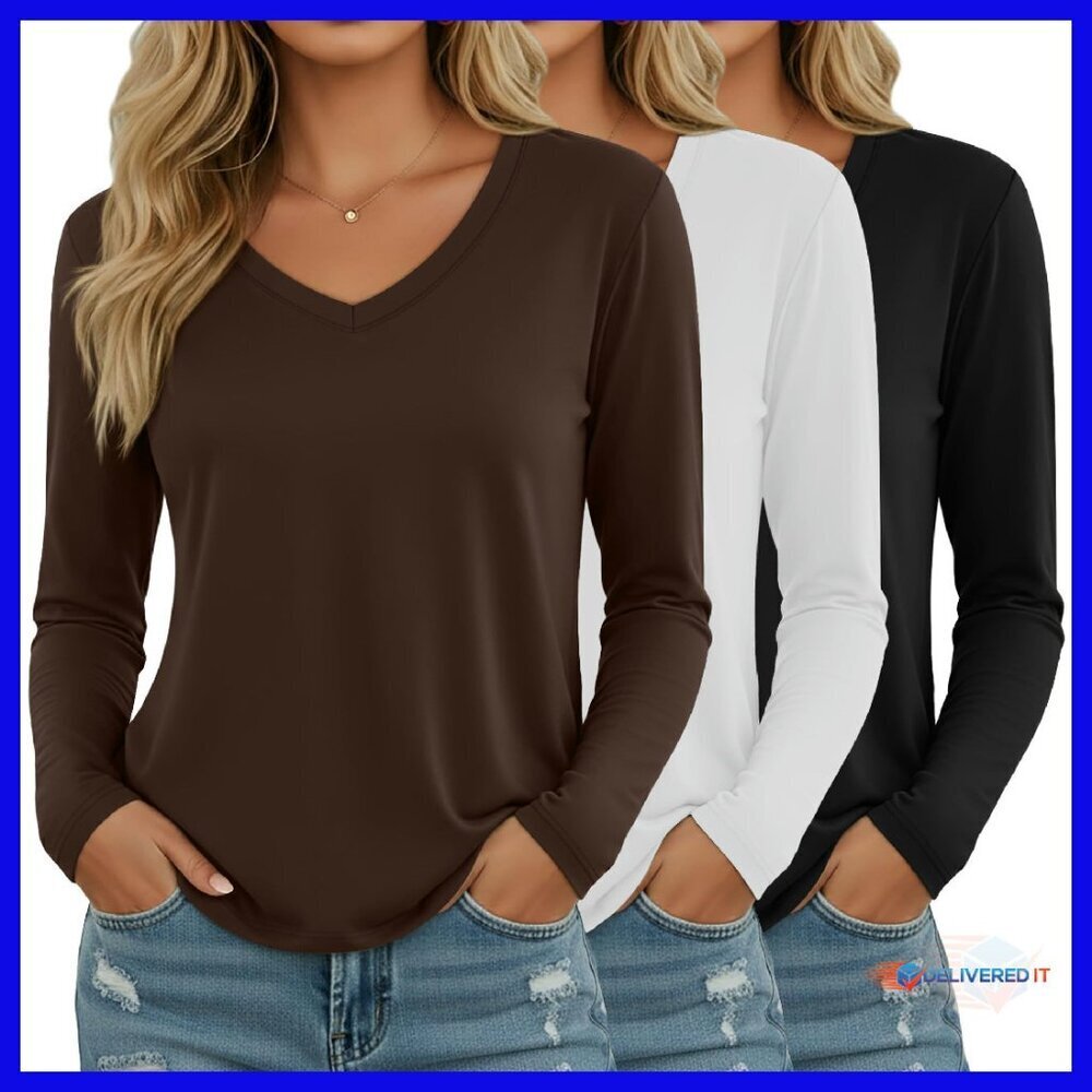 Women's Long Sleeve V-Neck Cotton Blend T-Shirts Loose Fit Basic Layering Tees